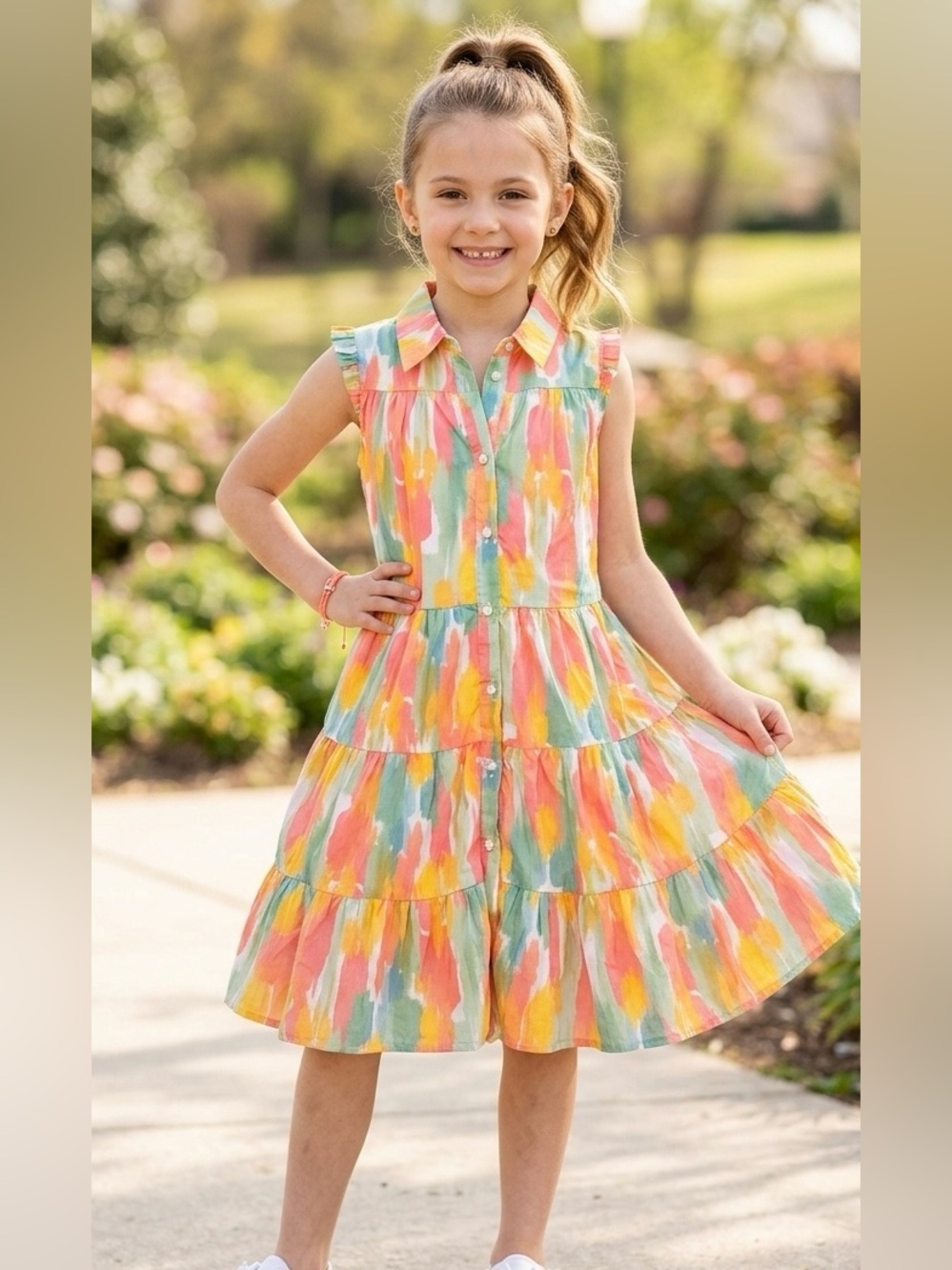 Shop The Mint Girls Erin Peach Watercolor Tiered Shirt Dress 7/8